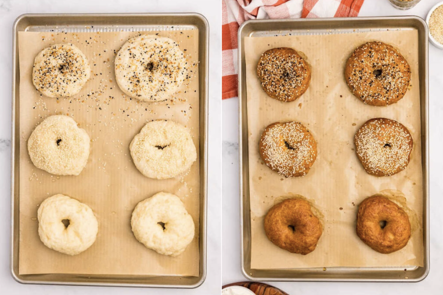 Chewy sourdough starter discard bagels on sheet pan, topped with various seasonings, ready to be placed into the oven.