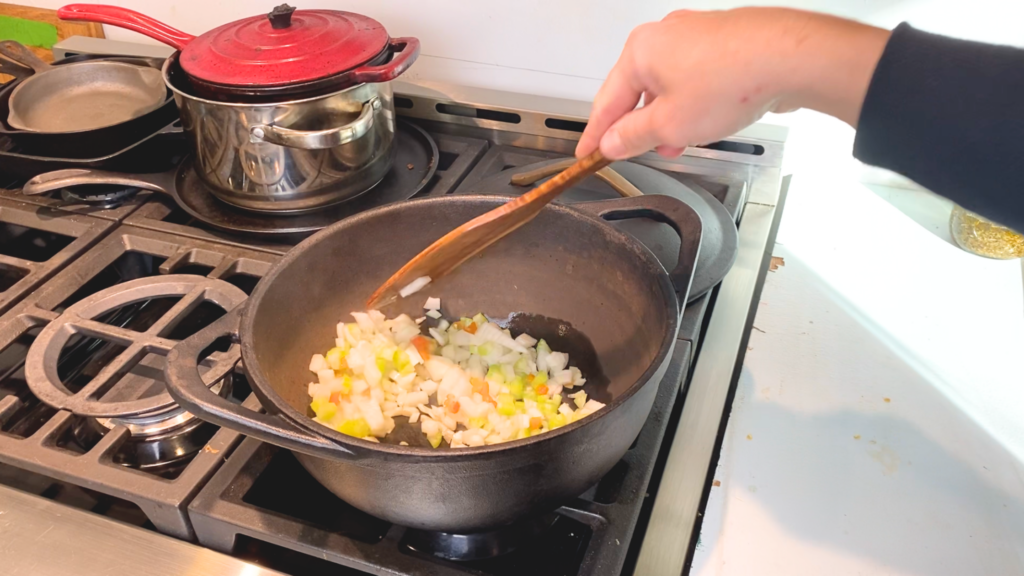 Sautéed vegetables in a cast iron dutch oven 